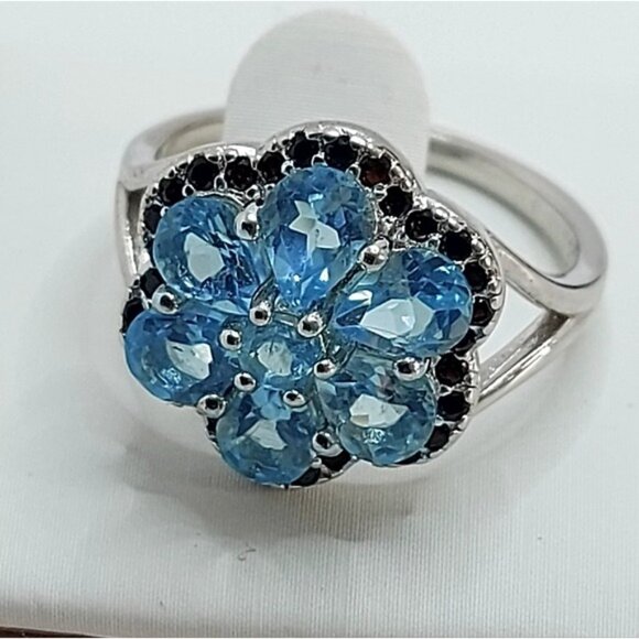 Natural Blue Apatite 5x4mm & Black Spinel 925 Sterling Silver Ring Size 7 - Picture 5 of 11